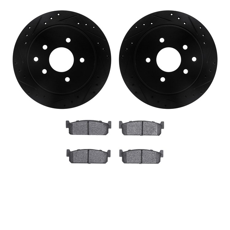 8502-68004 Drilled/Slotted Brake Rotors w/5000 Advanced Brake Pads Kit [Black], 1993-2001 Infiniti/Nissan, Position: Rear