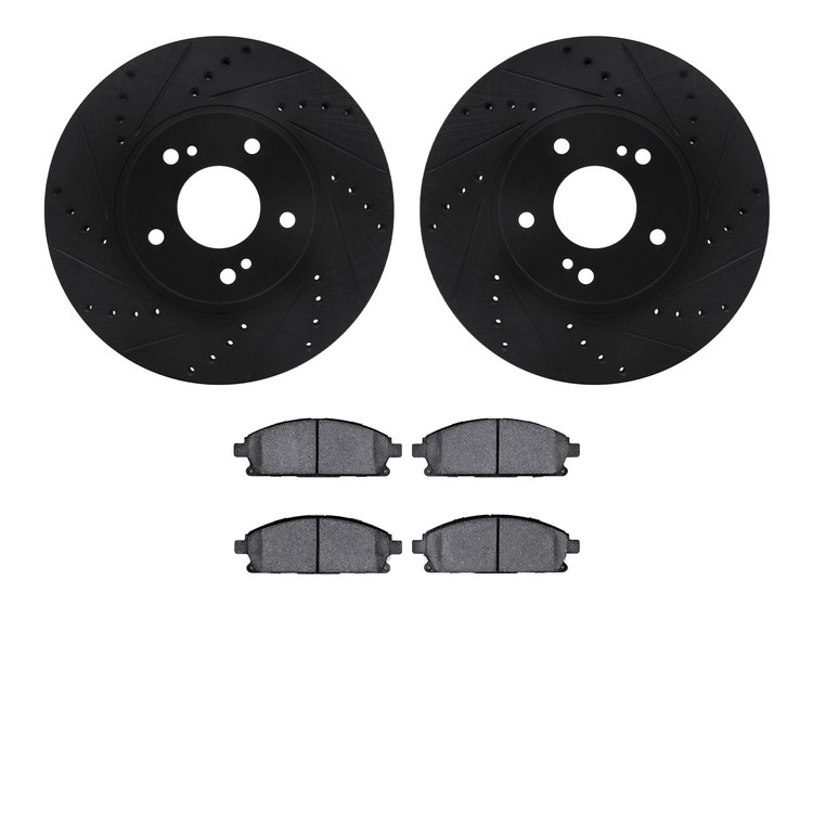 8502-68005 Drilled/Slotted Brake Rotors w/5000 Advanced Brake Pads Kit [Black], 1997-2001 Infiniti/Nissan, Position: Front