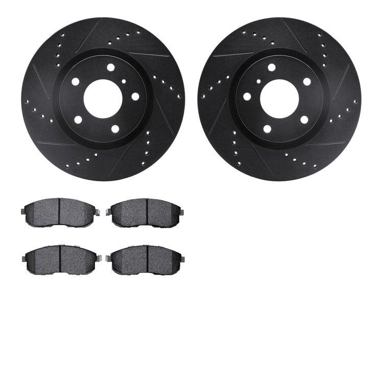8502-68008 Drilled/Slotted Brake Rotors w/5000 Advanced Brake Pads Kit [Black], 2003-2005 Infiniti/Nissan, Position: Front