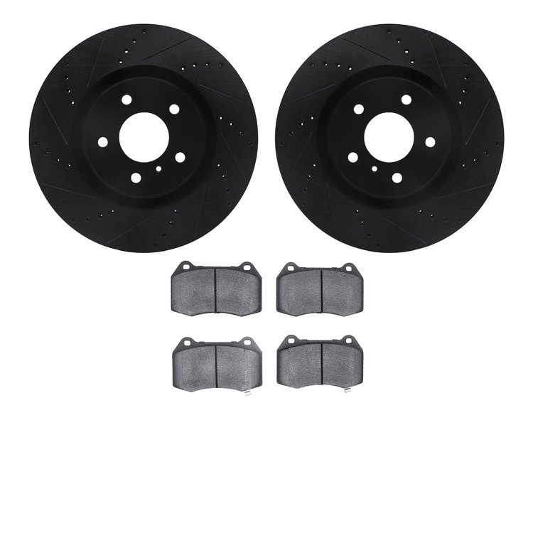 8502-68009 Drilled/Slotted Brake Rotors w/5000 Advanced Brake Pads Kit [Black], 2003-2008 Infiniti/Nissan, Position: Front