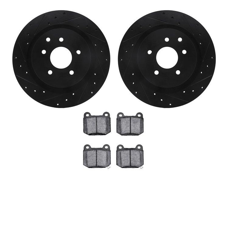 8502-68010 Drilled/Slotted Brake Rotors w/5000 Advanced Brake Pads Kit [Black], 2003-2008 Infiniti/Nissan, Position: Rear