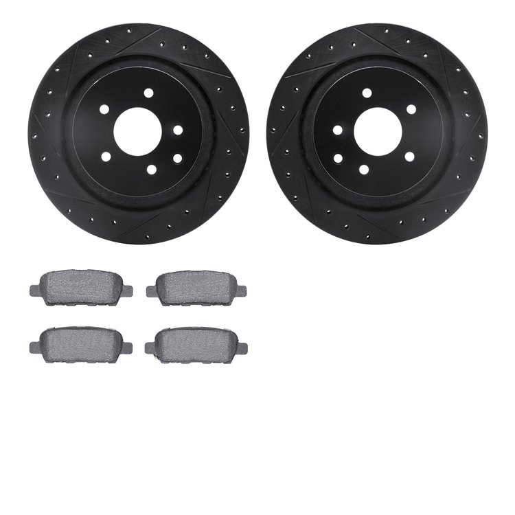 8502-68011 Drilled/Slotted Brake Rotors w/5000 Advanced Brake Pads Kit [Black], 2007-2015 Infiniti/Nissan, Position: Rear