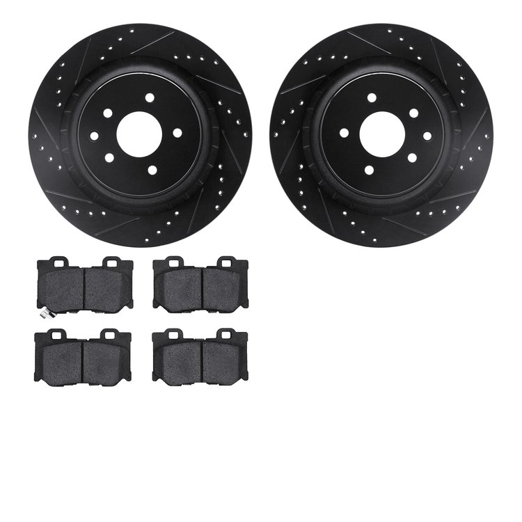 8502-68012 Drilled/Slotted Brake Rotors w/5000 Advanced Brake Pads Kit [Black], 2008-2020 Infiniti/Nissan, Position: Rear