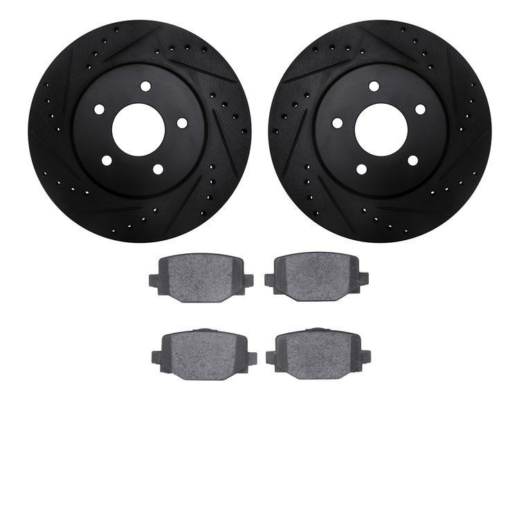 8502-68021 Drilled/Slotted Brake Rotors w/5000 Advanced Brake Pads Kit [Black], Fits Select Infiniti/Nissan, Position: Rear