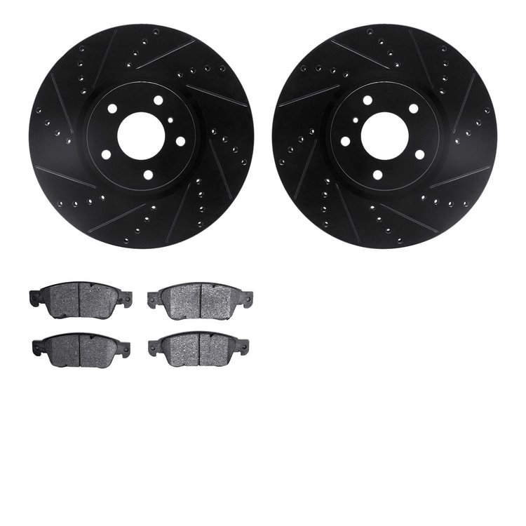 8502-68059 Drilled/Slotted Brake Rotors w/5000 Advanced Brake Pads Kit [Black], 2007-2015 Infiniti/Nissan, Position: Front
