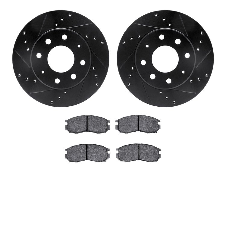 8502-72022 Drilled/Slotted Brake Rotors w/5000 Advanced Brake Pads Kit [Black], 1989-1997 Multiple Makes/Models, Position: Front