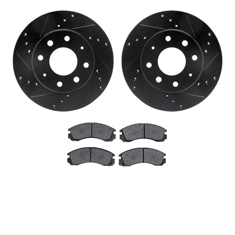 8502-72023 Drilled/Slotted Brake Rotors w/5000 Advanced Brake Pads Kit [Black], 1998-1998 Mitsubishi, Position: Front