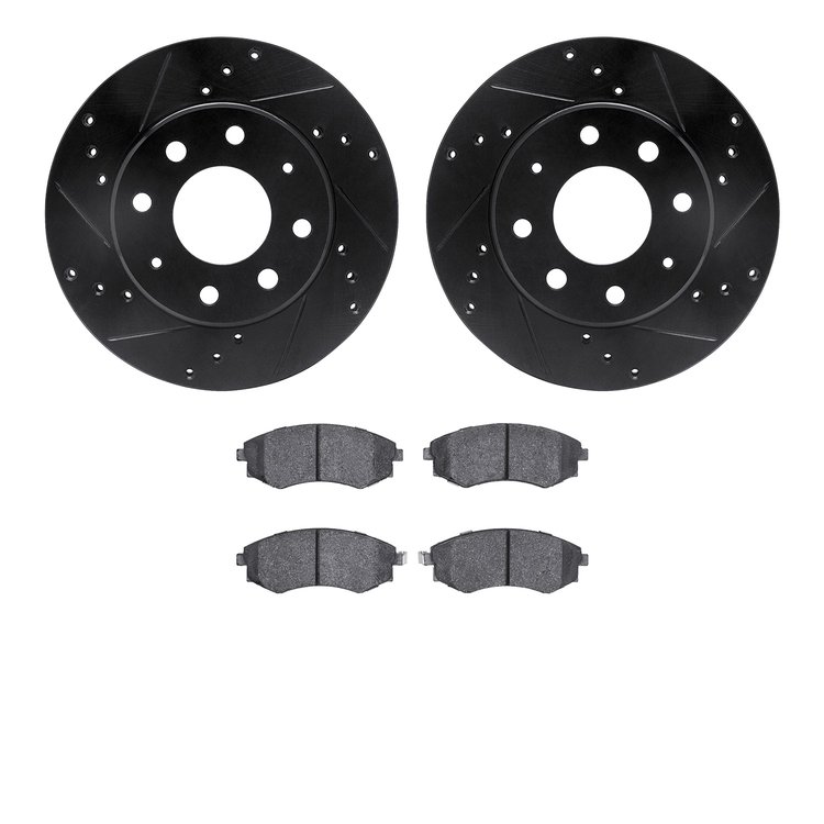 8502-72024 Drilled/Slotted Brake Rotors w/5000 Advanced Brake Pads Kit [Black], 1998-2006 Kia/Hyundai/Genesis, Position: Front