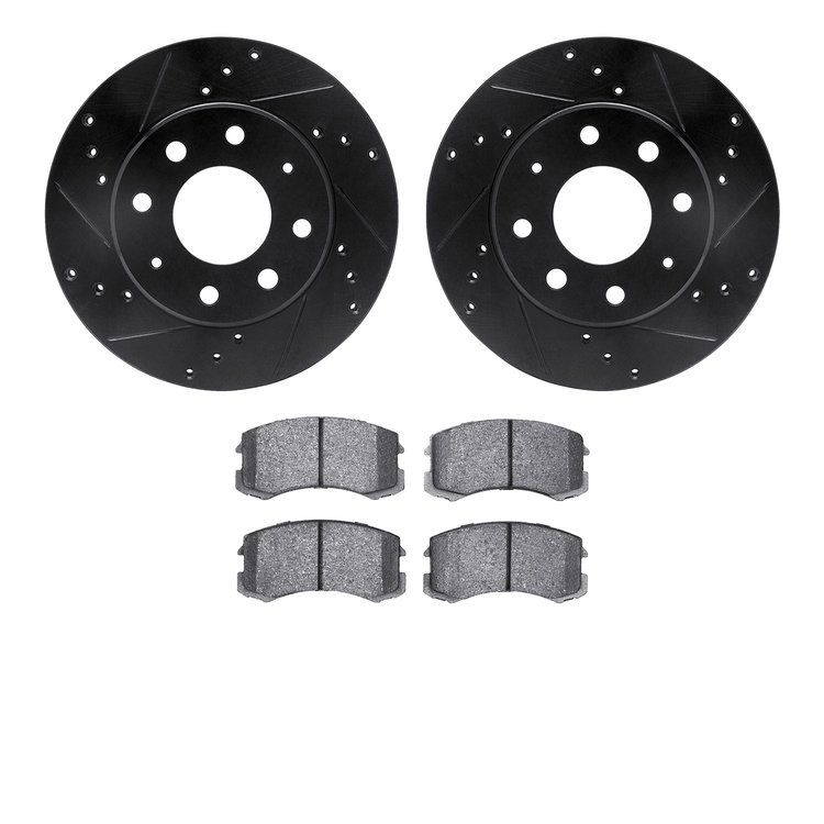 8502-72025 Drilled/Slotted Brake Rotors w/5000 Advanced Brake Pads Kit [Black], 2002-2007 Mitsubishi, Position: Front
