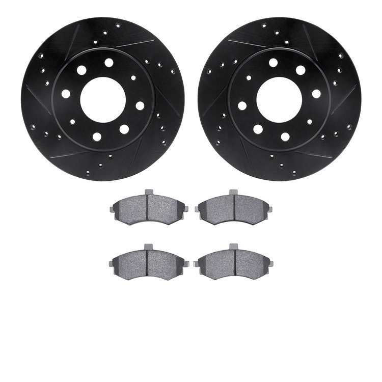 8502-72026 Drilled/Slotted Brake Rotors w/5000 Advanced Brake Pads Kit [Black], 2002-2005 Kia/Hyundai/Genesis, Position: Front