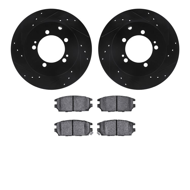 8502-72031 Drilled/Slotted Brake Rotors w/5000 Advanced Brake Pads Kit [Black], 1992-1996 Mitsubishi, Position: Rear