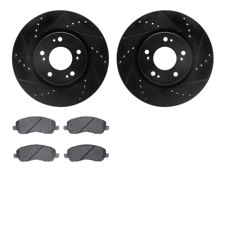 8502-72042 Drilled/Slotted Brake Rotors w/5000 Advanced Brake Pads Kit [Black], 2004-2012 Mitsubishi, Position: Front
