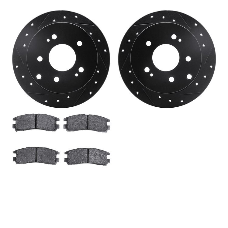 8502-72043 Drilled/Slotted Brake Rotors w/5000 Advanced Brake Pads Kit [Black], 2004-2012 Mitsubishi, Position: Rear