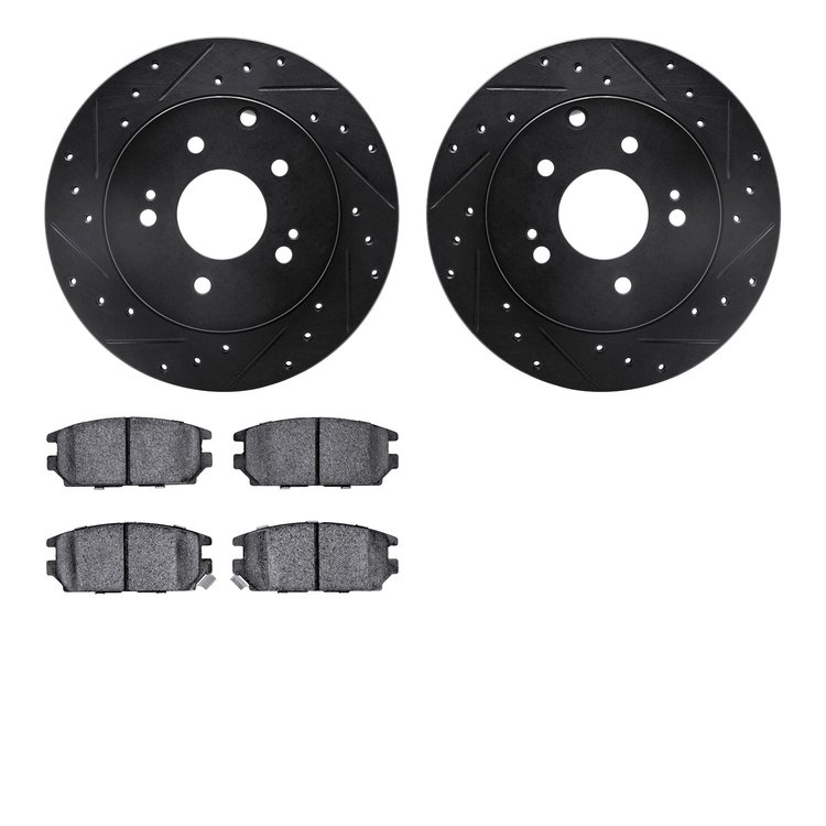 8502-72046 Drilled/Slotted Brake Rotors w/5000 Advanced Brake Pads Kit [Black], 2006-2012 Mitsubishi, Position: Rear