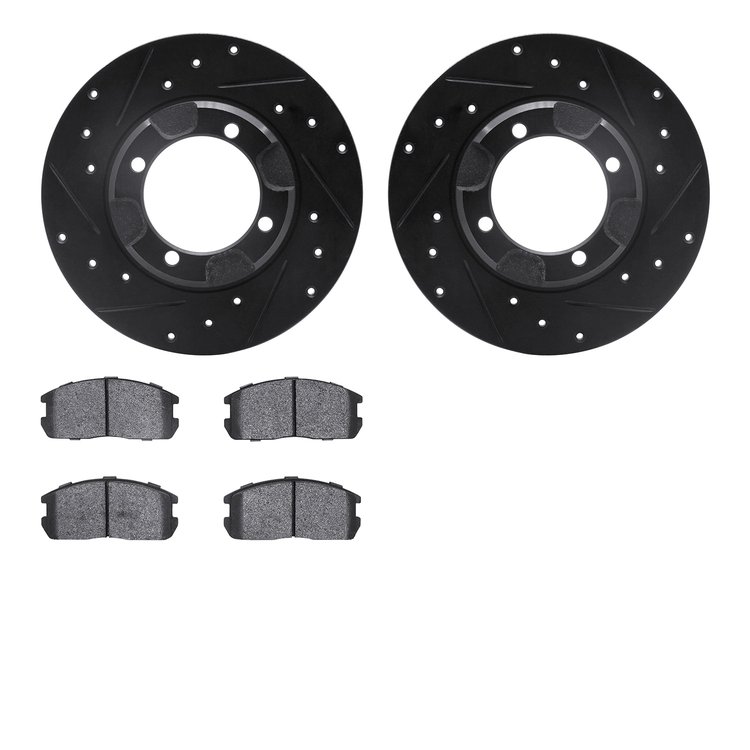 8502-72050 Drilled/Slotted Brake Rotors w/5000 Advanced Brake Pads Kit [Black], 1985-1990 Multiple Makes/Models, Position: Front