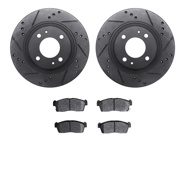 8502-72053 Drilled/Slotted Brake Rotors w/5000 Advanced Brake Pads Kit [Black], 2012-2017 Mitsubishi, Position: Front