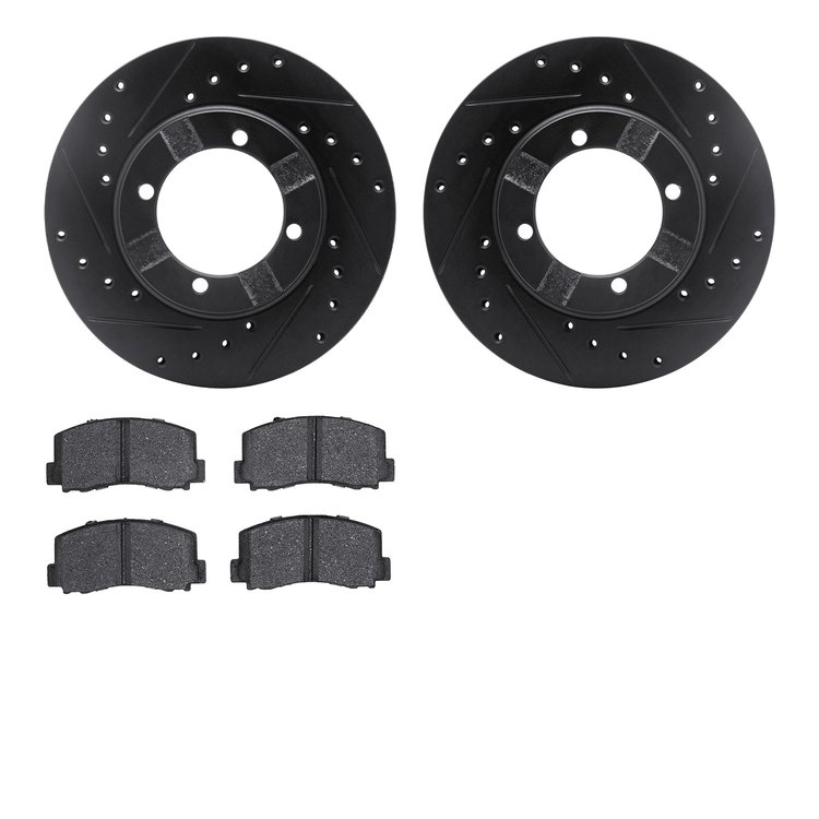8502-72059 Drilled/Slotted Brake Rotors w/5000 Advanced Brake Pads Kit [Black], 1983-1983 Mitsubishi, Position: Front