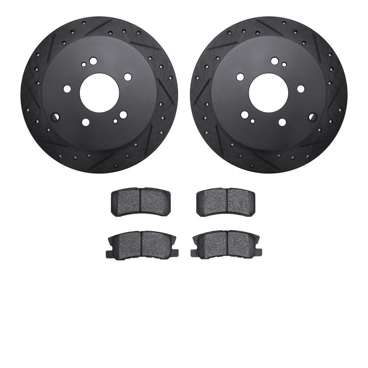 8502-72064 Drilled/Slotted Brake Rotors w/5000 Advanced Brake Pads Kit [Black], 2004-2011 Mitsubishi, Position: Rear