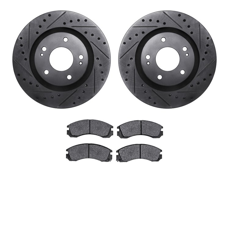 8502-72065 Drilled/Slotted Brake Rotors w/5000 Advanced Brake Pads Kit [Black], Fits Select Mitsubishi, Position: Front