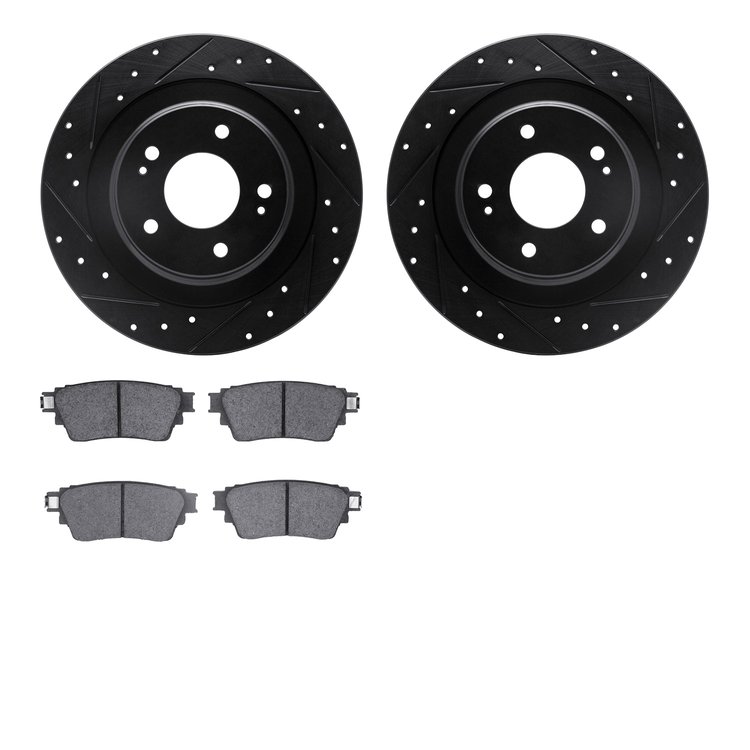 8502-72066 Drilled/Slotted Brake Rotors w/5000 Advanced Brake Pads Kit [Black], Fits Select Mitsubishi, Position: Rear