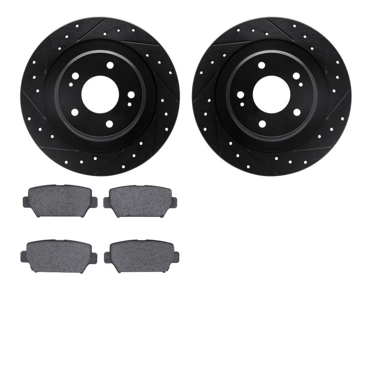 8502-72069 Drilled/Slotted Brake Rotors w/5000 Advanced Brake Pads Kit [Black], Fits Select Mitsubishi, Position: Rear