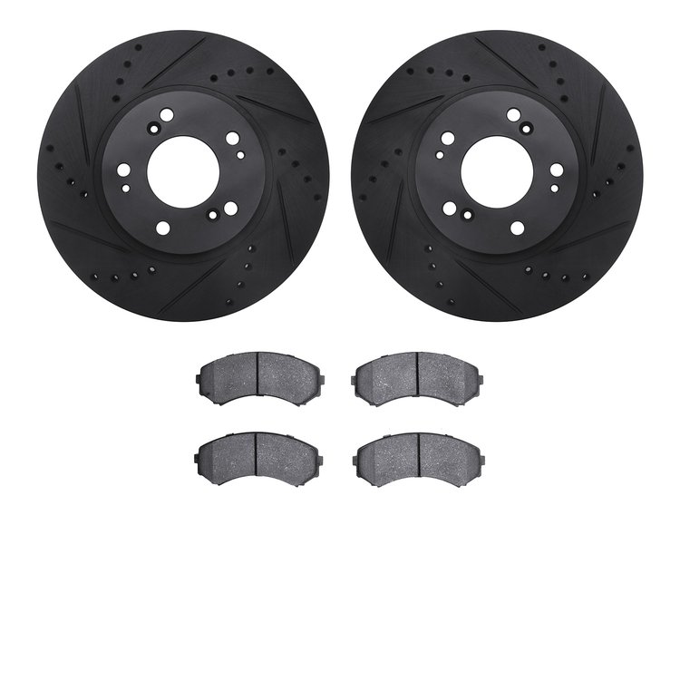 8502-72072 Drilled/Slotted Brake Rotors w/5000 Advanced Brake Pads Kit [Black], 2004-2011 Mitsubishi, Position: Front