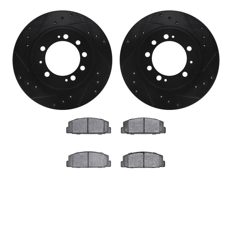 8502-72074 Drilled/Slotted Brake Rotors w/5000 Advanced Brake Pads Kit [Black], 1983-1989 Multiple Makes/Models, Position: Rear