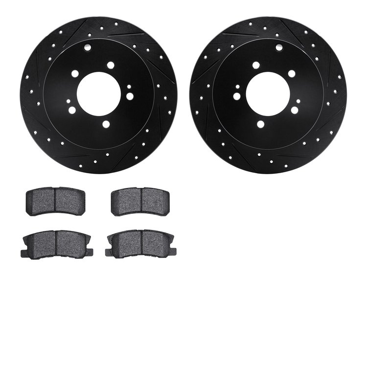 8502-72075 Drilled/Slotted Brake Rotors w/5000 Advanced Brake Pads Kit [Black], 2007-2015 Mitsubishi, Position: Rear