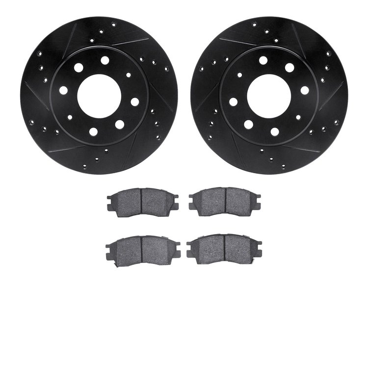 8502-72085 Drilled/Slotted Brake Rotors w/5000 Advanced Brake Pads Kit [Black], 1988-1990 Mitsubishi, Position: Front