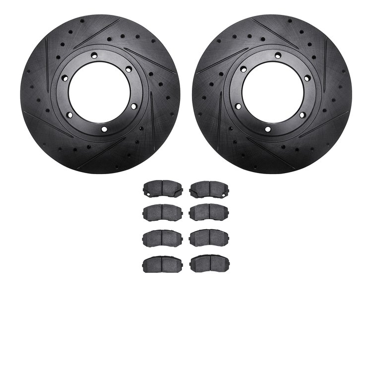 8502-72317 Drilled/Slotted Brake Rotors w/5000 Advanced Brake Pads Kit [Black], 2010-2011 Freightliner, Position: Front