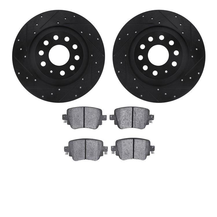 8502-73005 Drilled/Slotted Brake Rotors w/5000 Advanced Brake Pads Kit [Black], 2016-2018 Audi/Volkswagen, Position: Rear