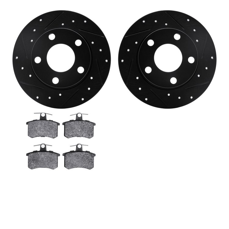 8502-73013 Drilled/Slotted Brake Rotors w/5000 Advanced Brake Pads Kit [Black], 1986-2000 Audi/Volkswagen, Position: Rear