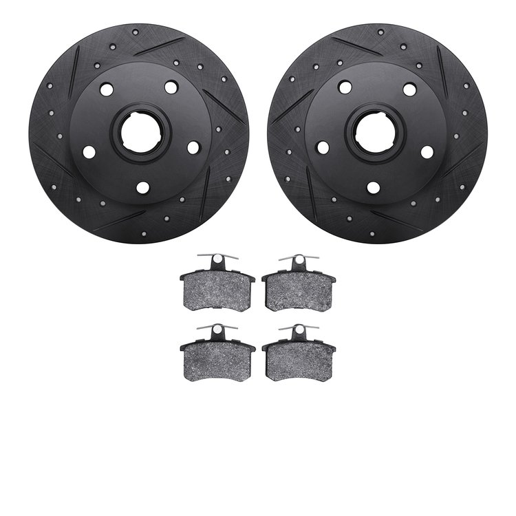 8502-73018 Drilled/Slotted Brake Rotors w/5000 Advanced Brake Pads Kit [Black], 1996-1997 Audi/Volkswagen, Position: Rear