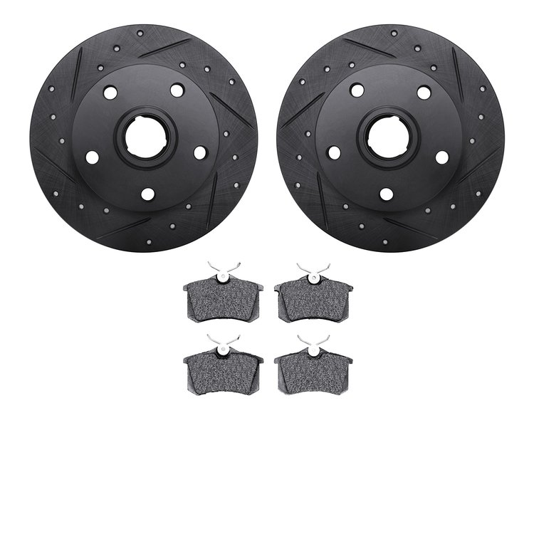 8502-73020 Drilled/Slotted Brake Rotors w/5000 Advanced Brake Pads Kit [Black], 2000-2008 Audi/Volkswagen, Position: Rear