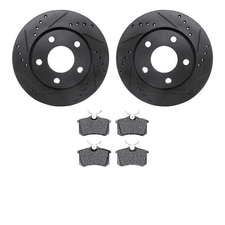 8502-73030 Drilled/Slotted Brake Rotors w/5000 Advanced Brake Pads Kit [Black], 2000-2002 Audi/Volkswagen, Position: Rear