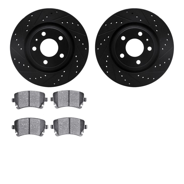 8502-73035 Drilled/Slotted Brake Rotors w/5000 Advanced Brake Pads Kit [Black], 2004-2009 Audi/Volkswagen, Position: Rear