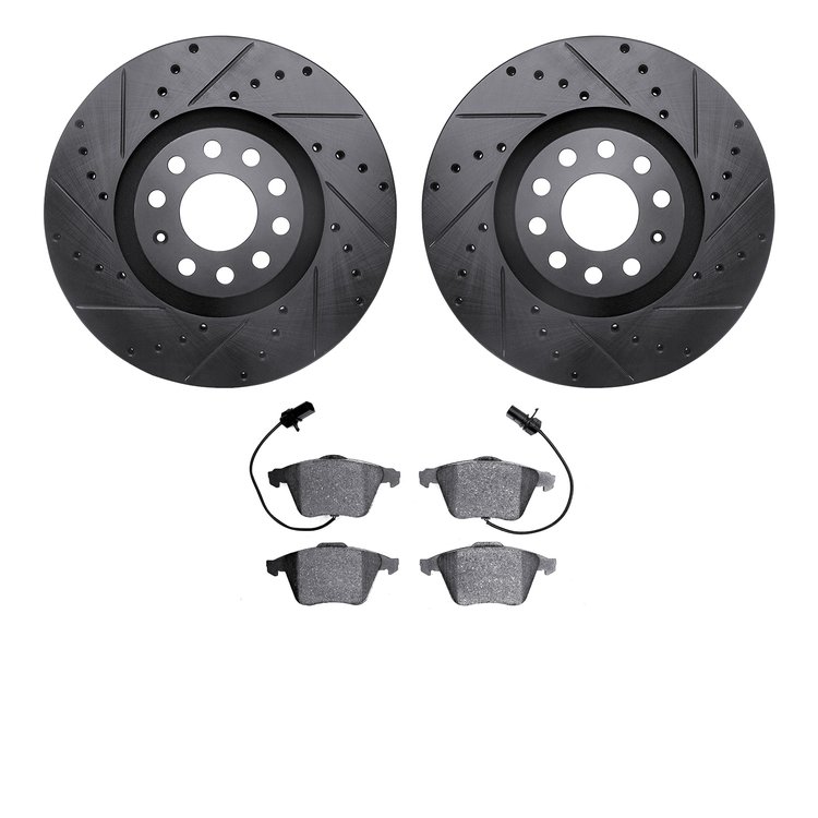 8502-73038 Drilled/Slotted Brake Rotors w/5000 Advanced Brake Pads Kit [Black], 2000-2009 Audi/Volkswagen, Position: Front