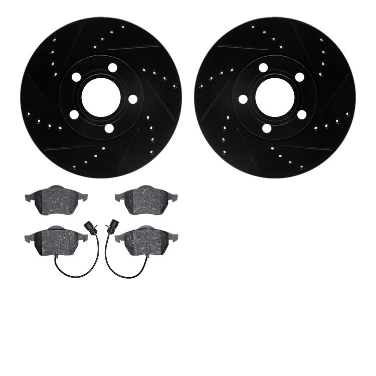 8502-73044 Drilled/Slotted Brake Rotors w/5000 Advanced Brake Pads Kit [Black], 1992-1998 Audi/Volkswagen, Position: Front