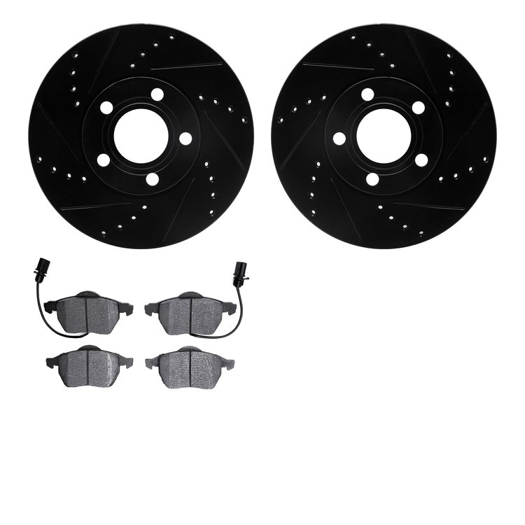 8502-73046 Drilled/Slotted Brake Rotors w/5000 Advanced Brake Pads Kit [Black], 1998-2008 Audi/Volkswagen, Position: Front