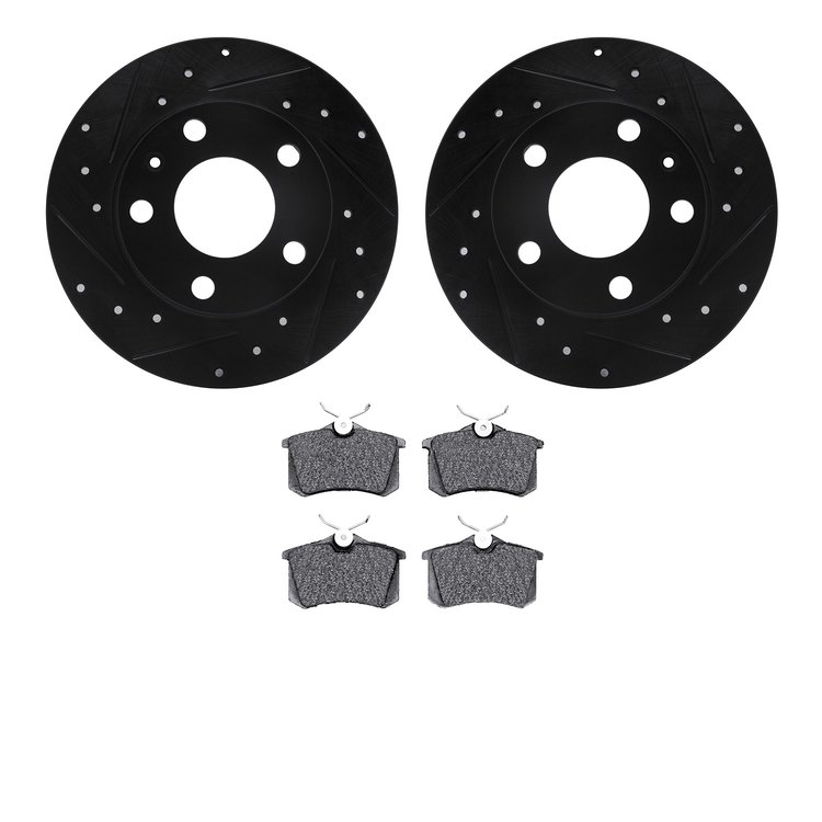 8502-73050 Drilled/Slotted Brake Rotors w/5000 Advanced Brake Pads Kit [Black], 2002-2006 Audi/Volkswagen, Position: Rear