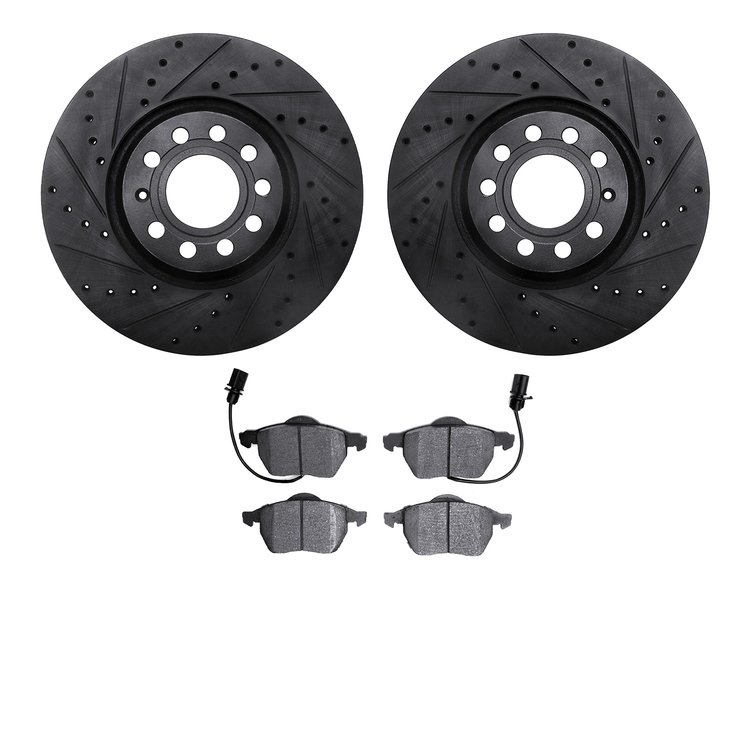 8502-73052 Drilled/Slotted Brake Rotors w/5000 Advanced Brake Pads Kit [Black], 1999-2006 Audi/Volkswagen, Position: Front