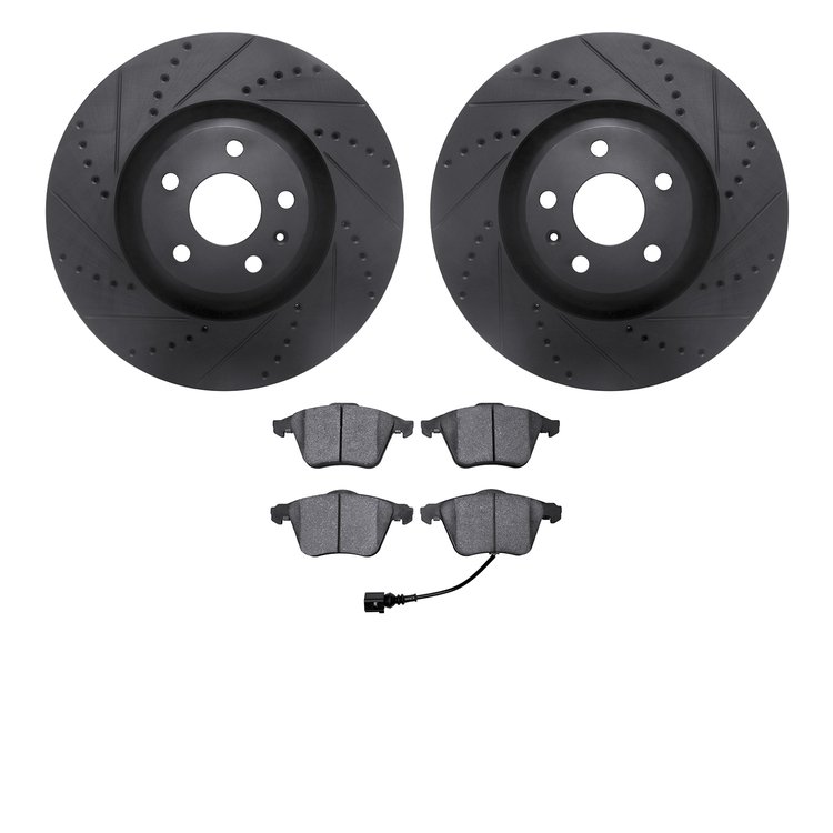 8502-73060 Drilled/Slotted Brake Rotors w/5000 Advanced Brake Pads Kit [Black], 2008-2011 Audi/Volkswagen, Position: Front