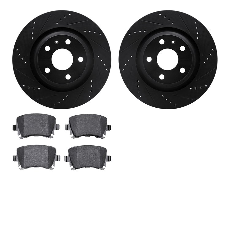 8502-73061 Drilled/Slotted Brake Rotors w/5000 Advanced Brake Pads Kit [Black], 2012-2013 Audi/Volkswagen, Position: Rear