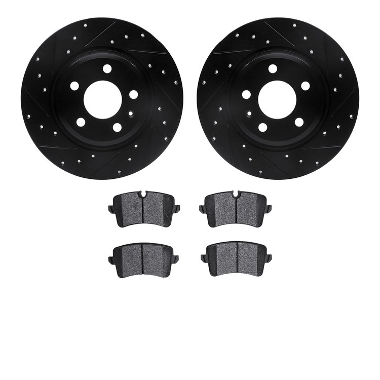 8502-73067 Drilled/Slotted Brake Rotors w/5000 Advanced Brake Pads Kit [Black], 2012-2013 Audi/Volkswagen, Position: Rear