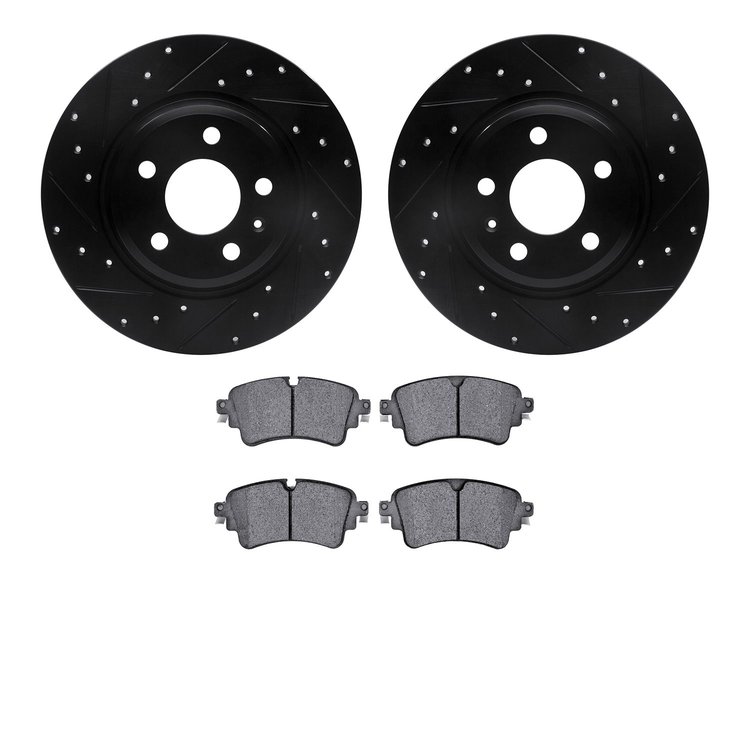 8502-73068 Drilled/Slotted Brake Rotors w/5000 Advanced Brake Pads Kit [Black], 2016-2020 Audi/Volkswagen, Position: Rear