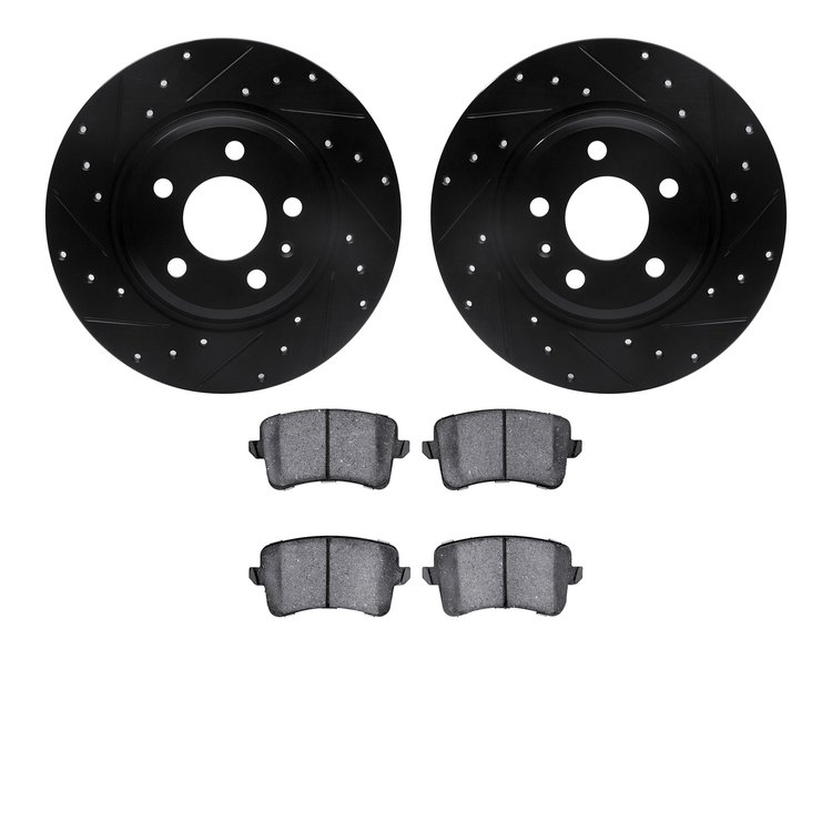 8502-73069 Drilled/Slotted Brake Rotors w/5000 Advanced Brake Pads Kit [Black], 2012-2017 Audi/Volkswagen, Position: Rear