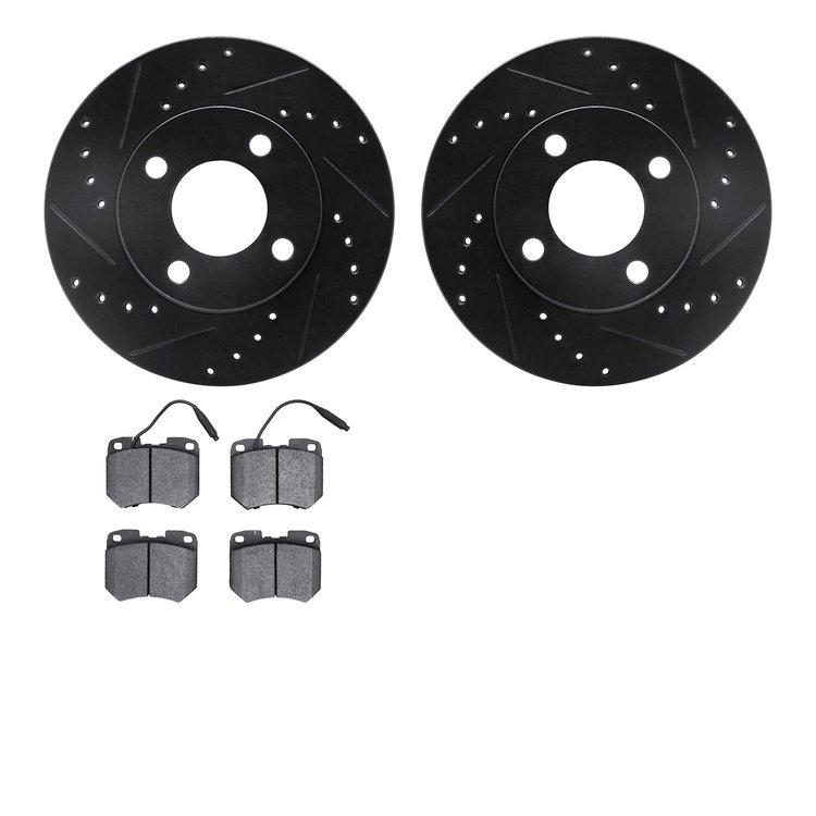 8502-73079 Drilled/Slotted Brake Rotors w/5000 Advanced Brake Pads Kit [Black], 1978-1979 Audi/Volkswagen, Position: Front