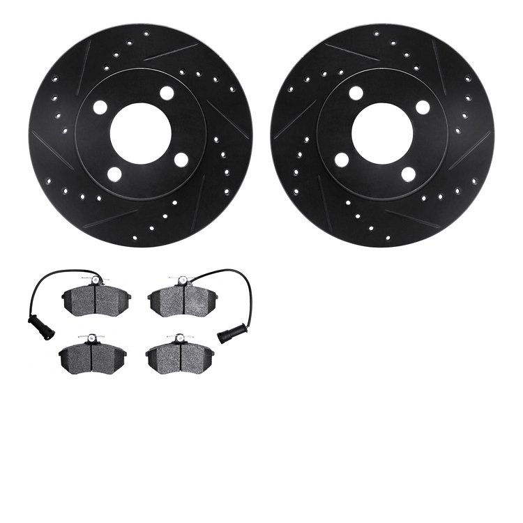 8502-73080 Drilled/Slotted Brake Rotors w/5000 Advanced Brake Pads Kit [Black], 1983-1991 Audi/Volkswagen, Position: Front