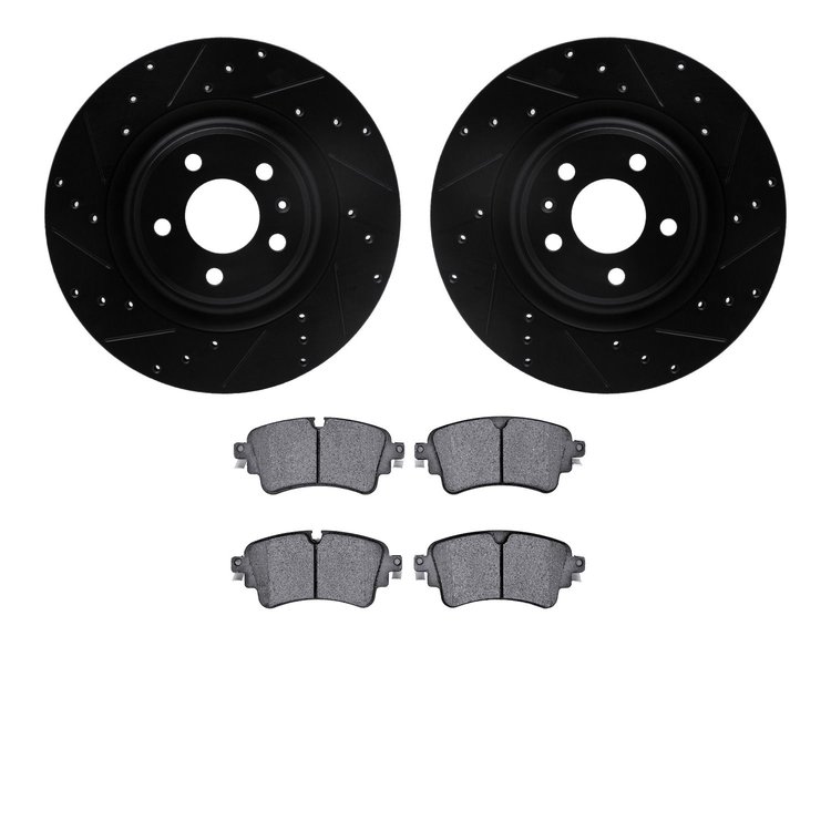 8502-73082 Drilled/Slotted Brake Rotors w/5000 Advanced Brake Pads Kit [Black], 2016-2020 Audi/Volkswagen, Position: Rear