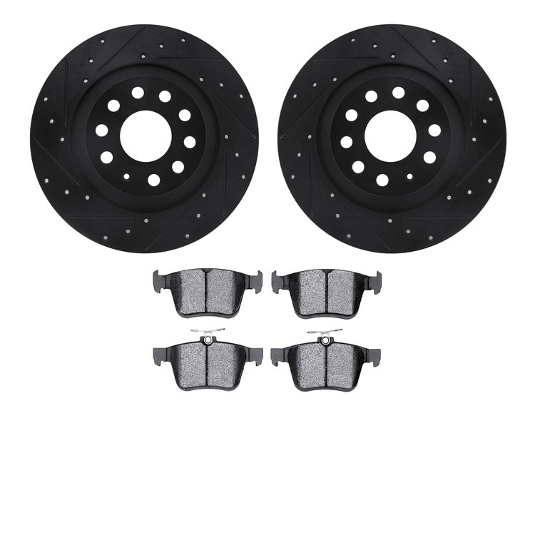 8502-73088 Drilled/Slotted Brake Rotors w/5000 Advanced Brake Pads Kit [Black], Fits Select Audi/Volkswagen, Position: Rear
